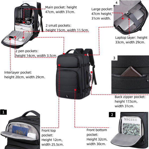 New 17 Inch Large Capacity Expandable Water-Resistant Notebook Laptop Bag Backpack With USB Port For Business & Travel
