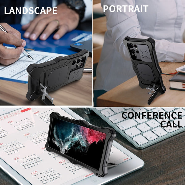 New Heavy Duty Impact-Resistant Metal Bumper Cover Case With Kickstand For Samsung Galaxy S22 Plus Ultra Series