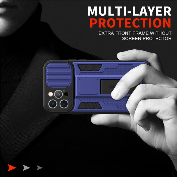 New Protective Armor Bumper Case For iPhone 14 13 12 Pro Max Series W/ Camera Lens Slide Cover Kickstand