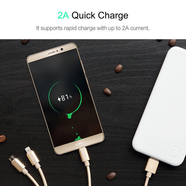 New Micro USB 3 IN 1 Deluxe USB Cable for iPhone 6 7 Android with Mobile Phone Data Sync at 1.2M Length.