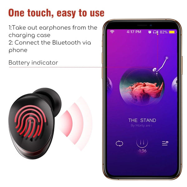 New TWS Bluetooth 5.0 True Wireless In-Ear Earbuds Deep Bass Stereo IPX6 Waterproof Sport Headset