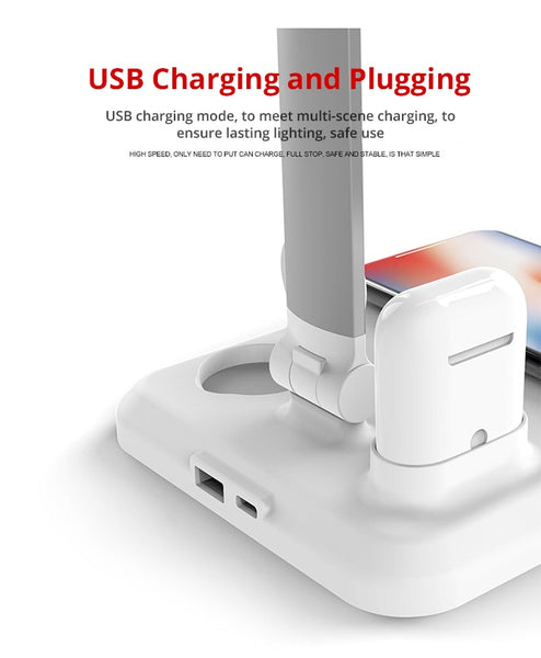 New 4-In-1 LED Table Desk Lamp Wireless Charger For Compatible iPhones Airpods Apple Watch