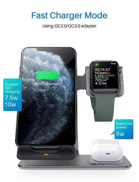 New 3-in-1 Aluminum Qi Wireless Charging Station Dock Stand For Airpods Apple Watch iPhones