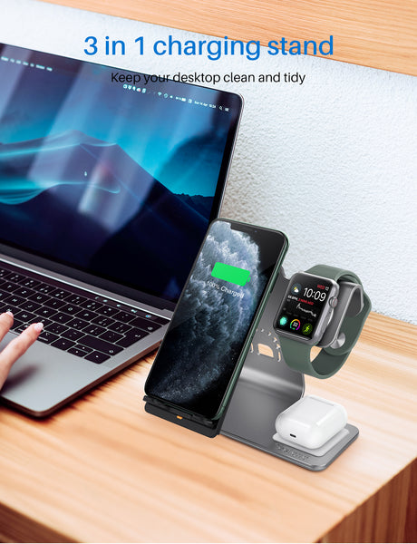 New 3-in-1 Aluminum Qi Wireless Charging Station Dock Stand For Airpods Apple Watch iPhones