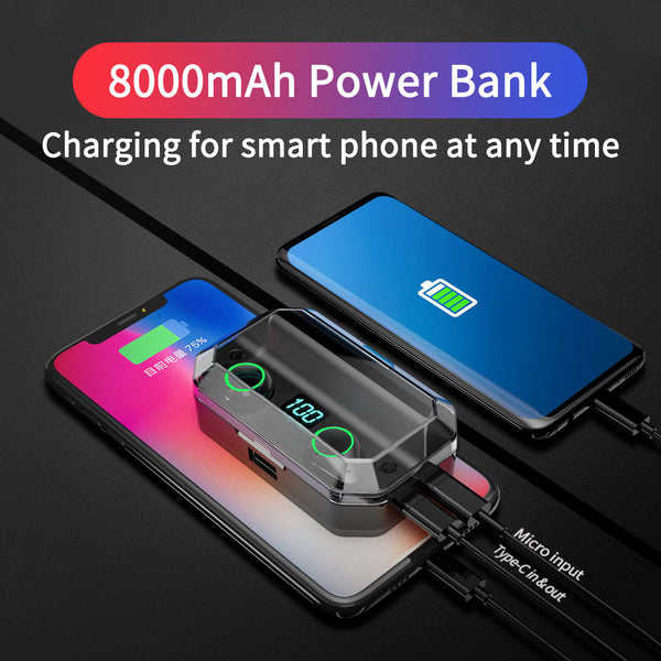 New 9D Stereo Bluetooth 5.0 Wireless Earphones IPX7 Waterproof Earbuds With Smart Power Bank