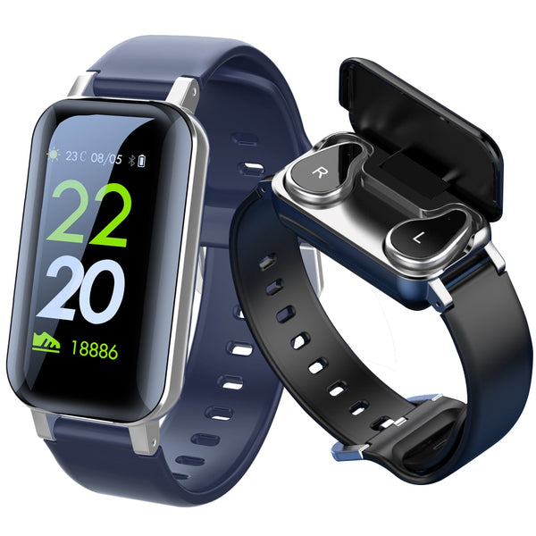 New 2-In-1  Heart Rate Fitness Tracker Smartwatch With Bluetooth Earphone For iPhone Android