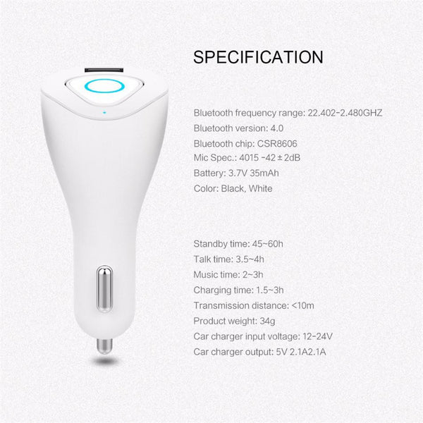 New Wireless Bluetooth Handsfree HD Voice One-Piece Earbud Headset with USB Car Charger.