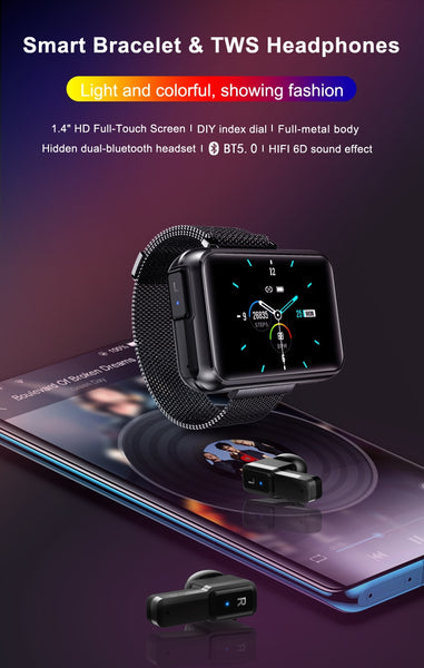 New 2-In-1 Wireless Bluetooth Headset 1.4 Inch Big Screen Smart Watch For Android iPhones
