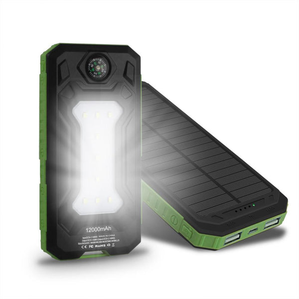 New Travel Solar Power Bank 12000mAh with Dual USB Ports, LED Camp Light and Outdoor Compass