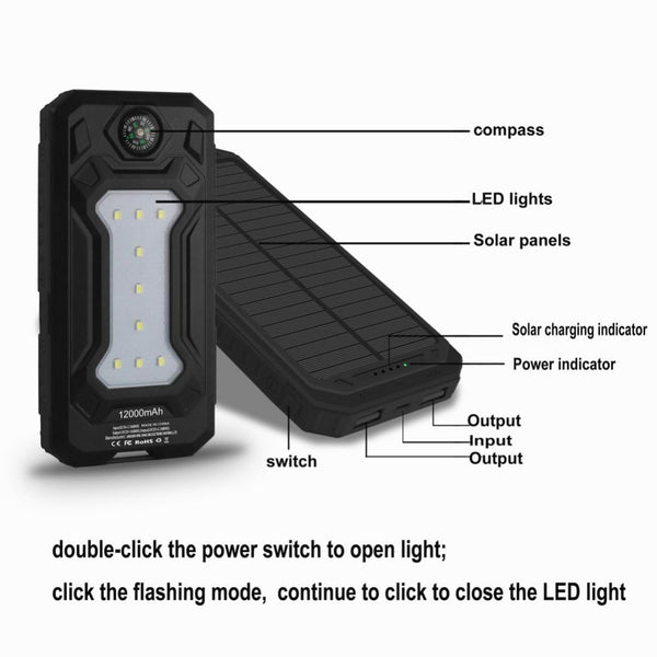 New Travel Solar Power Bank 12000mAh with Dual USB Ports, LED Camp Light and Outdoor Compass