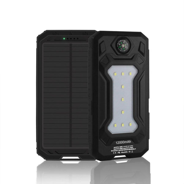 New Travel Solar Power Bank 12000mAh with Dual USB Ports, LED Camp Light and Outdoor Compass