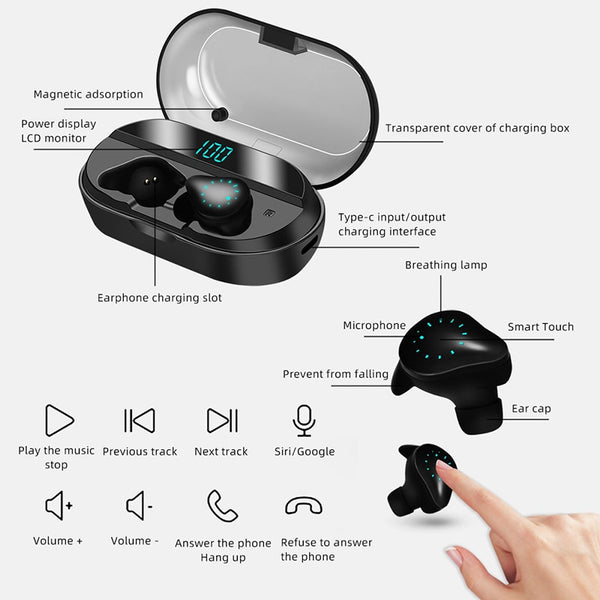 New Bluetooth Wireless Stereo IPX7 Waterproof Touch Control Earbuds With LED Display