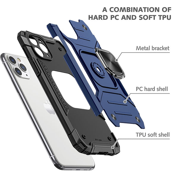 New Rugged Armor Magnetic Bumper Case With Ring Holder Kickstand For iPhone 14 13 12 11 Pro Max Series