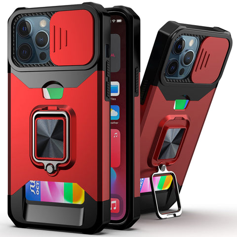 New Magnetic Kickstand Armor Case With Camera Slide Protection Ring Holder Card Slot For iPhone 16 15 14 Plus Pro Max Series
