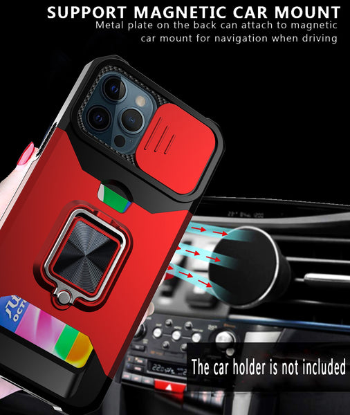 New Magnetic Kickstand Armor Case With Camera Slide Protection Ring Holder Card Slot For iPhone 16 15 14 Plus Pro Max Series