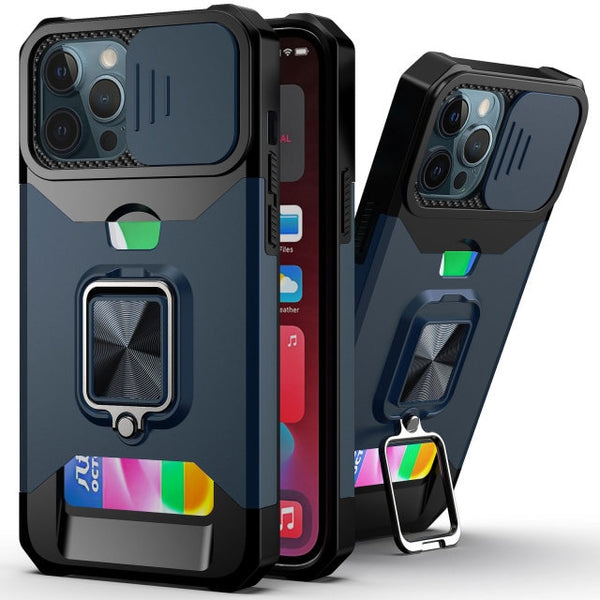 New Magnetic Kickstand Armor Case With Camera Slide Protection Ring Holder Card Slot For iPhone 16 15 14 Plus Pro Max Series