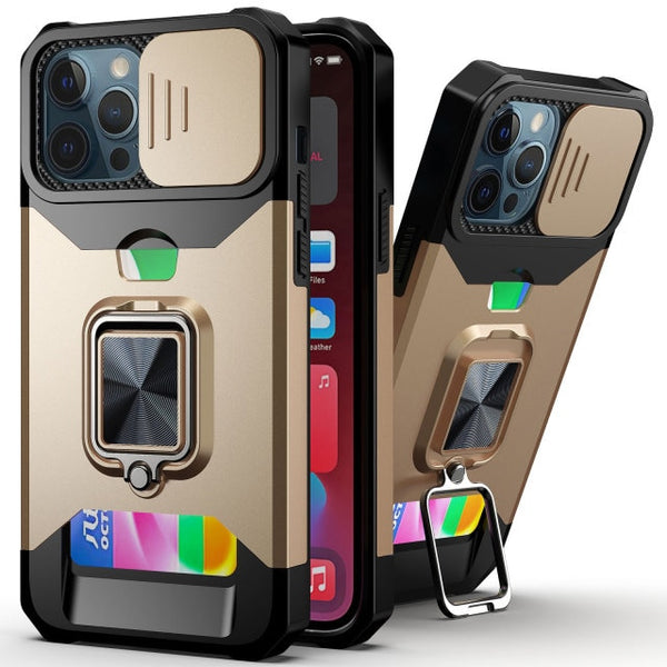 New Magnetic Kickstand Armor Case With Camera Slide Protection Ring Holder Card Slot For iPhone 16 15 14 Plus Pro Max Series