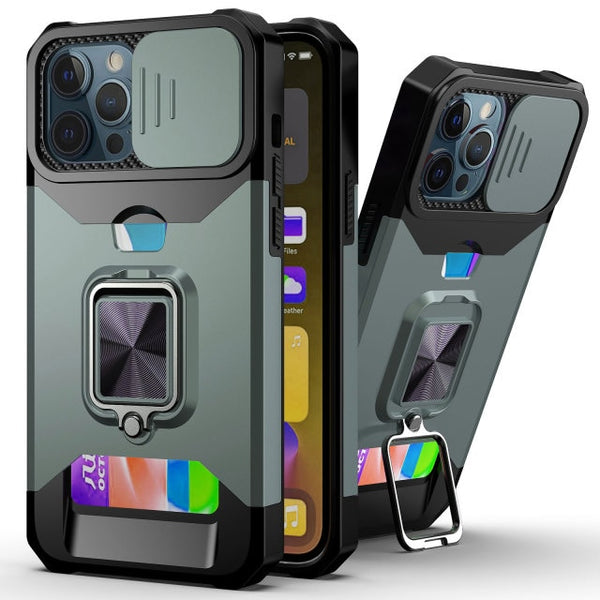 New Magnetic Kickstand Armor Case With Camera Slide Protection Ring Holder Card Slot For iPhone 16 15 14 Plus Pro Max Series