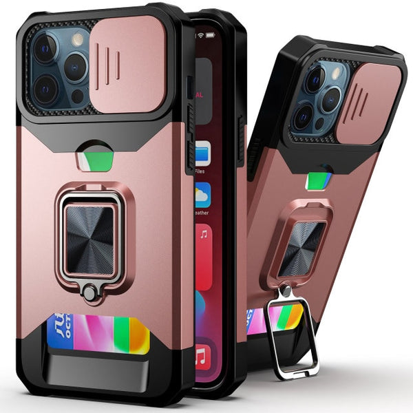 New Magnetic Kickstand Armor Case With Camera Slide Protection Ring Holder Card Slot For iPhone 16 15 14 Plus Pro Max Series