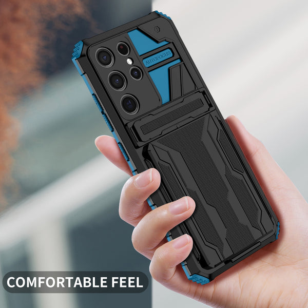 New Dual-Layer Hybrid Protective Credit Card Slot Hard Case With Kickstand Cover For Samsung Galaxy S24 S23 S22 Plus Ultra Series