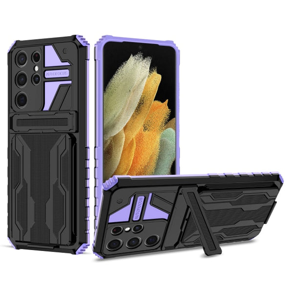 New Dual-Layer Hybrid Protective Credit Card Slot Hard Case With Kickstand Cover For Samsung Galaxy S24 S23 S22 Plus Ultra Series