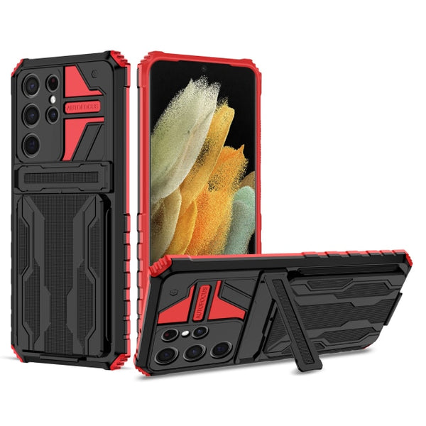 New Dual-Layer Hybrid Protective Credit Card Slot Hard Case With Kickstand Cover For Samsung Galaxy S24 S23 S22 Plus Ultra Series