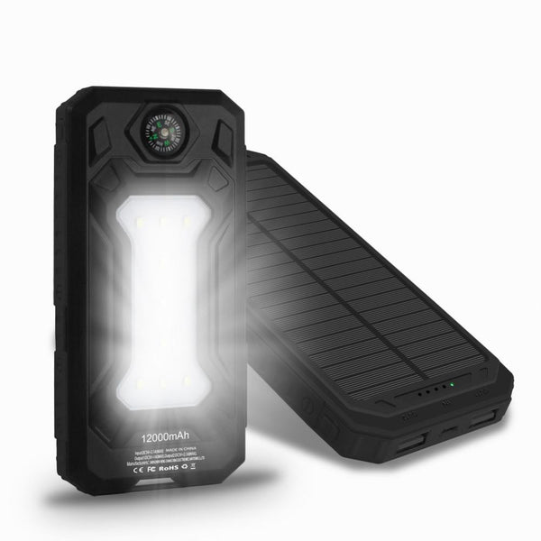 New Travel Solar Power Bank 12000mAh with Dual USB Ports, LED Camp Light and Outdoor Compass
