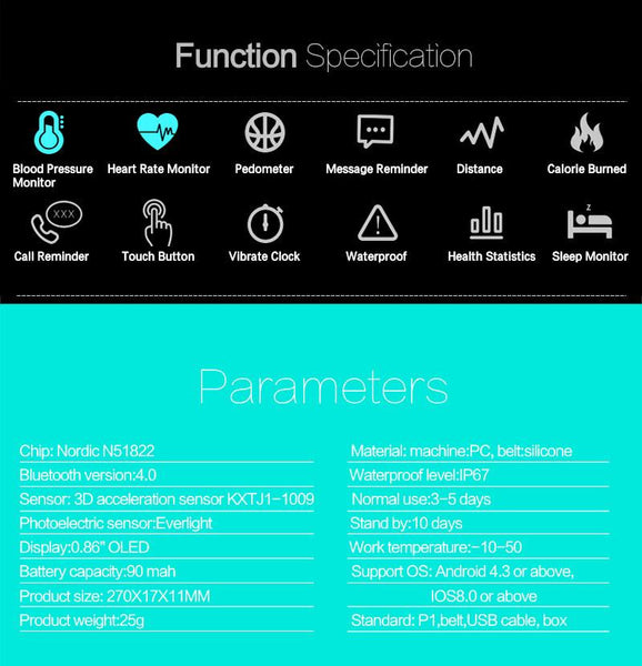 New Smartband Bluetooth Fitness Bracelet with Blood Pressure Heart Rate Monitor for Android IOS Phone.