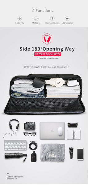 New High Capacity USB Recharging Backpack 180 Degree Travel Bag Fit for 17.3 Inches Laptop New Design Bag