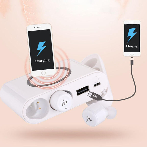 New Super Compact TWS Wireless Earphones Headphone Stereo Earbuds w/ Mic 5200mAH Wireless Power Bank Charger