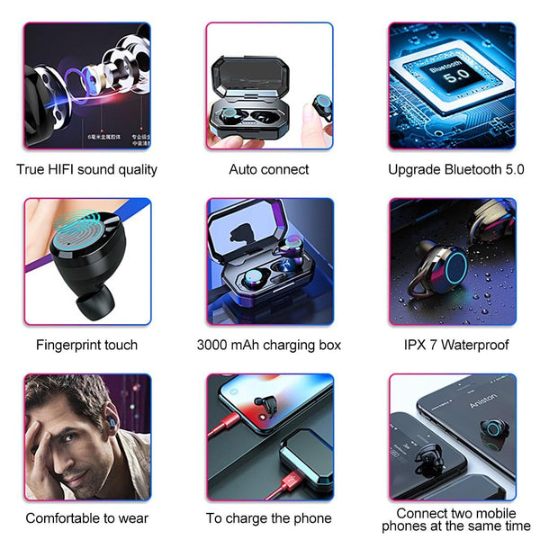 New True Wireless Earbuds Bluetooth 5.0 Earphones Touch Control TWS Headset IPX7 Waterproof Earphone With Charging Box