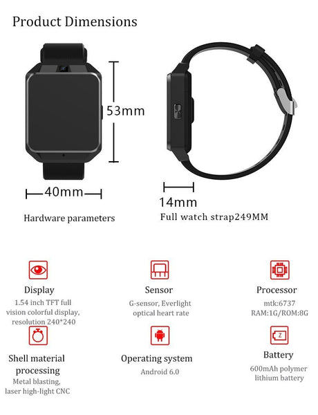 New 4G LTE WIFI Quad Core 1GB/8GB Android GPS Bluetooth Smartwatch 1.54" Heart Rate Monitor For iPhone Android