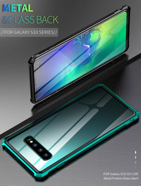 New Luxury Metal Armor Cover Case Frame Shell Bumper Back Clear Glass For Samsung S10 Note 10 Plus