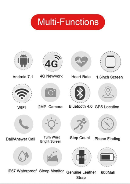 New Android 7.1  IP67 Waterproof GPS 2MP Camera 1.6 Inch AMOLED Screen 4G Smartwatch For iPhone Android