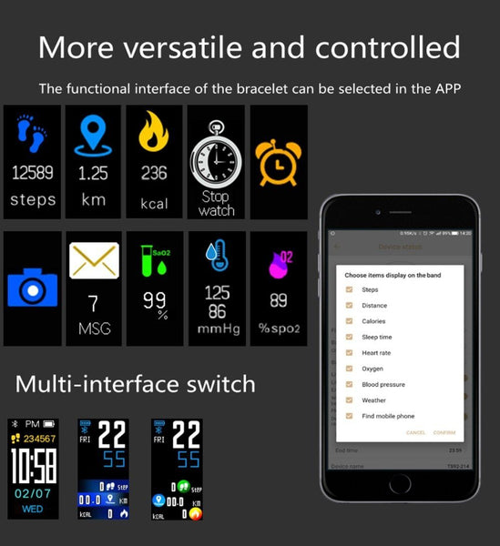 New  IP67 Waterproof Smart Band Remote Control Blood Pressure Heart Rate Monitor Smart Bracelet For iPhone Android