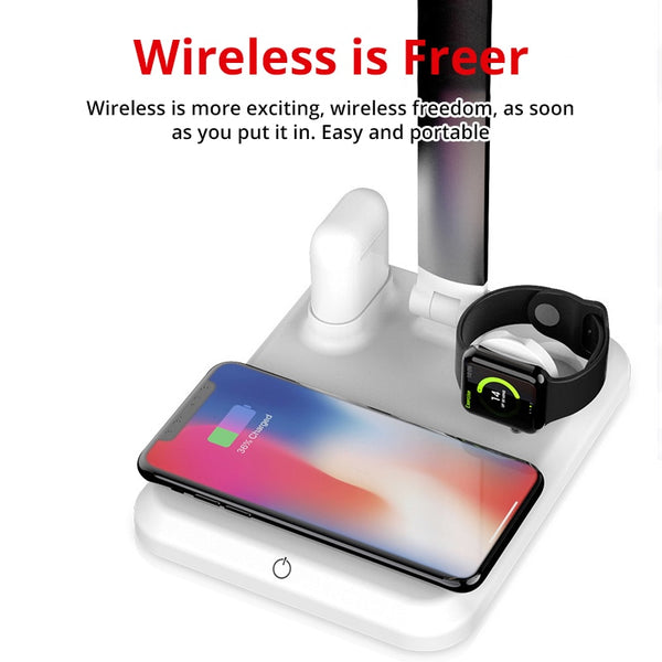 New 4-In-1 LED Table Desk Lamp Wireless Charger For Compatible iPhones Airpods Apple Watch