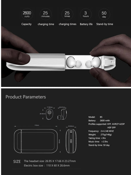 New TWS Waterproof WirelessEarbuds Bluetooth 5.0 Earphone With Mic Power bank For iPhone Android