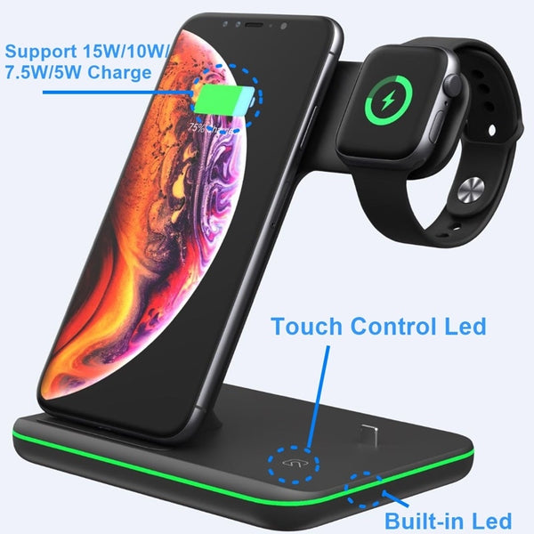 New Universal 15W Qi Wireless Quick Charge 3.0 Fast Charger Dock Stand For Apple iPhones Airpods iWatch