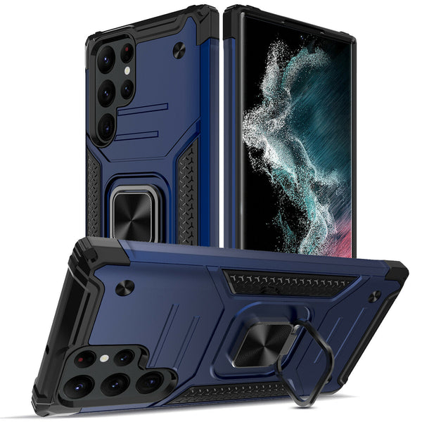 New Rugged Armor Magnetic Bumper Case With Ring Holder Kickstand For Galaxy S22 Series