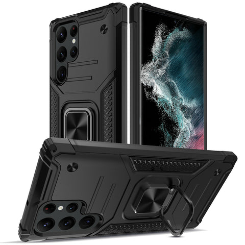 New Rugged Armor Magnetic Bumper Case With Ring Holder Kickstand For Galaxy S22 Series