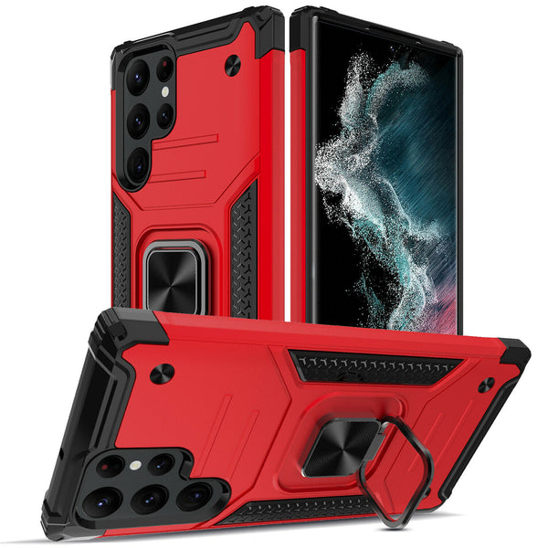 New Rugged Armor Magnetic Bumper Case With Ring Holder Kickstand For Galaxy S22 Series