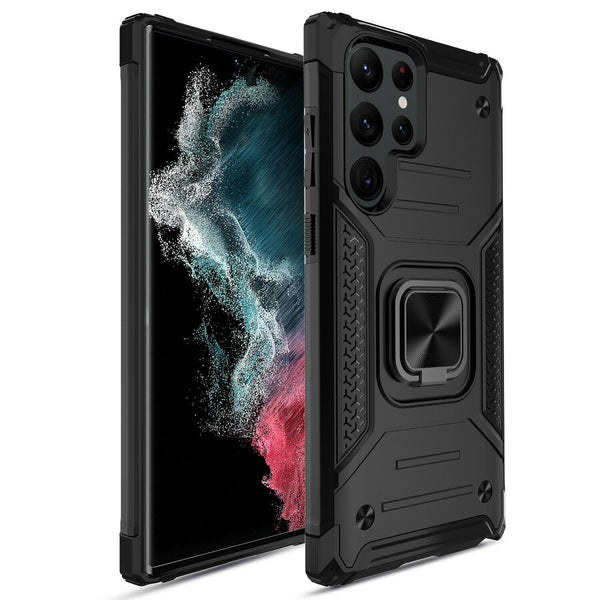 New Rugged Armor Magnetic Bumper Case With Ring Holder Kickstand For Galaxy S22 Series