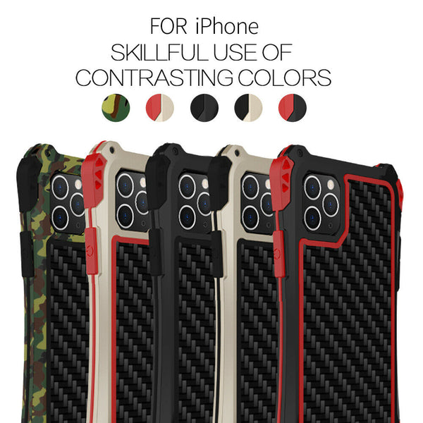 New Carbon Fiber Suited Outdoor Shockproof Alloy Case Cover for iPhone X XS XR 11 13 Pro Max Series.