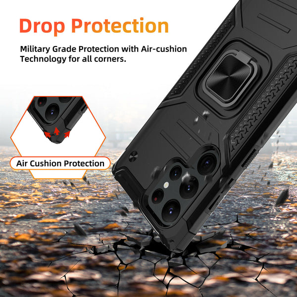 New Rugged Armor Magnetic Bumper Case With Ring Holder Kickstand For Galaxy S22 Series