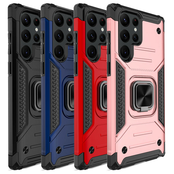 New Rugged Armor Magnetic Bumper Case With Ring Holder Kickstand For Galaxy S22 Series
